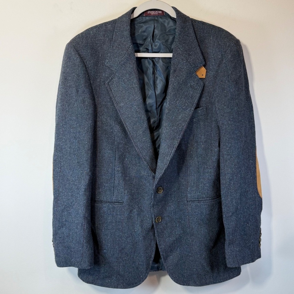 Evan-Picone Blazer Mens 40R Blue %100 Wool Suede Elbow Patches Tweed USA Preppy